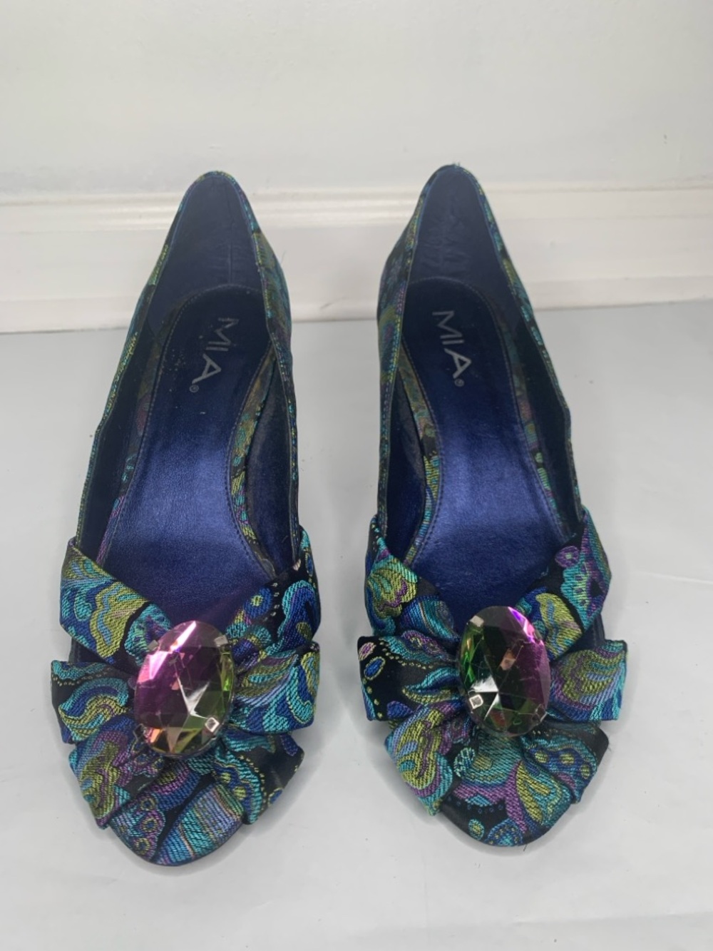 MIA Blue-Purple Multicolor Jewel Peep-Toe Kitten Heels